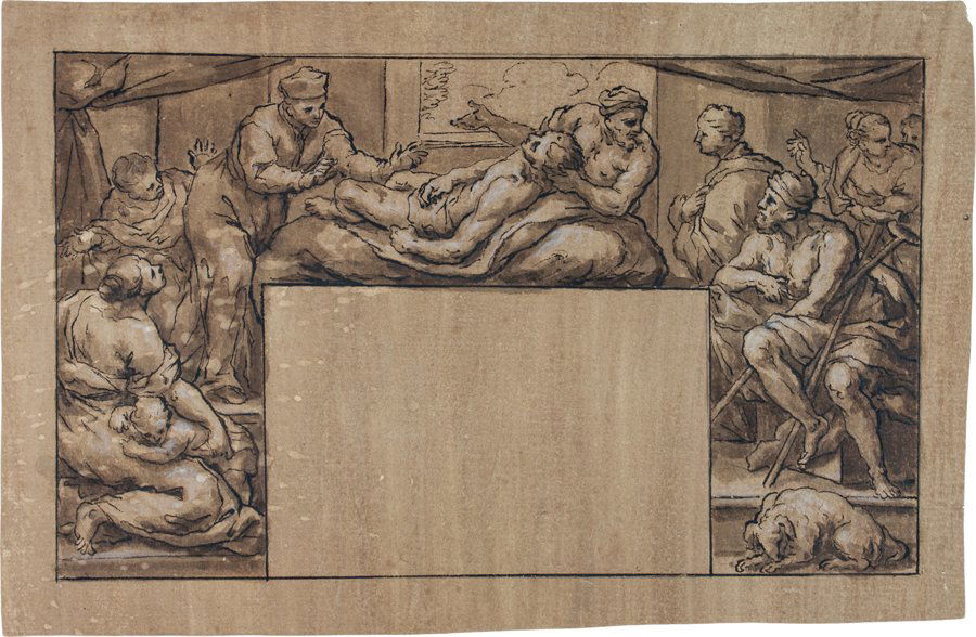 Giuseppe Nicola Nasini: Giuseppe Nicola Nasini. Miracolo di San Carlo Borromeo (?). Prima metà del XVII secolo. Penna e inchiostro acquerellato, biacca a pennello su carta bianca pesante, a vergelle tinta di marrone. Fogli