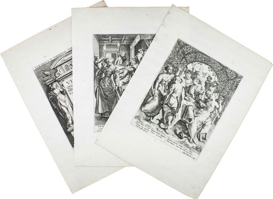Crispyn Van de Passe: Crispyn Van de Passe. Parabola V. Virginum Typis Aen. Espressa. (Da Maarten de Vos). Serie completa di 7 tavole numerate 1-7 più il frontespizio. Bulini. mm 225x180. Fogli: mm 370x270. Hollste