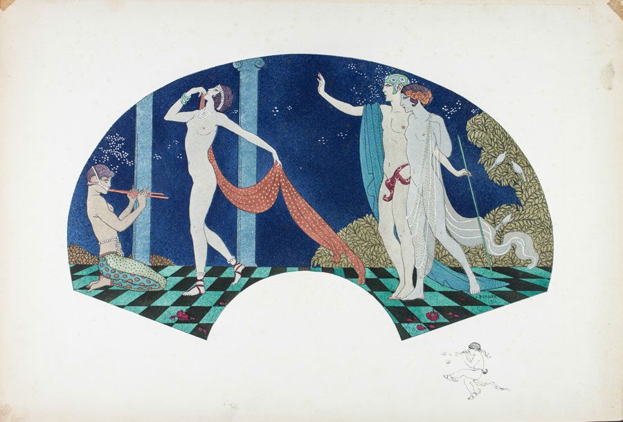 George Barbier: George Barbier. L’Eventail et la fourrure chez Paquin. 1911 Pochoir. mm 220x370. Foglio: mm 320x480. Piccolo remarque in nero con un puttino che suona il flauto. Ventaglio dalla Casa di moda parigi