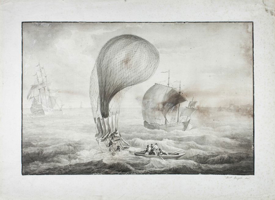 Antonio Basoli: Antonio Basoli. La caduta del pallone di Francesco Zambeccari. Penna e inchiostro bistro acquerellato. mm 295x445. Originariamente incollato su supporto cartaceo di mm 385x530 sul quale l'autore ha a