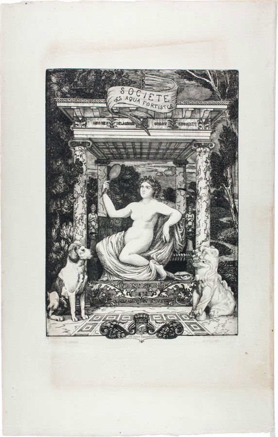 Félix Bracquemond: Félix Bracquemond. Frontespizio per l’album della Société des Acquafortistes. 1865 Acquaforte. mm 350x245. Foglio: 550x345. Timbro a secco dell'editore Cadart & Luquet. Foglio lievemente bru