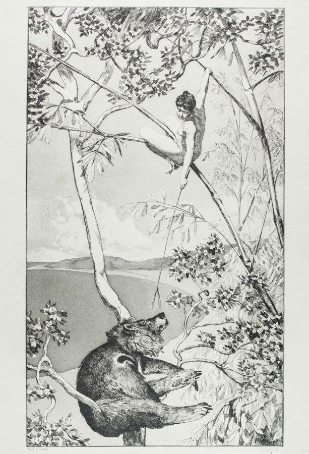 Max Klinger: Max Klinger. Bär und Elfe (Orso ed elfo). 1881 Acquaforte e acquatinta. mm 414x290. Foglio: mm 500x375. Singer, 52. In basso ai lati, a stampa, il nome dell'autore e il numero «I». Prima