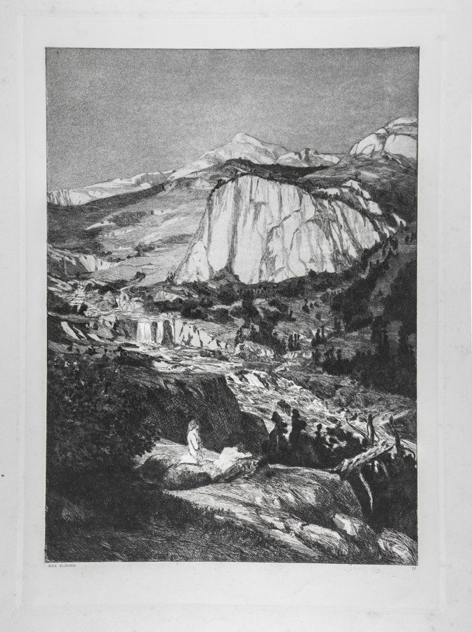 Max Klinger: Max Klinger. Due acqueforti. 1881 Bergsturz (Frana). 1881. Acquaforte e acquatinta. mm 430x295. Foglio: mm 585x420. Singer, 56; Mondnacht (Chiaro di luna). Acquaforte e acquatinta. mm 410x295. Foglio