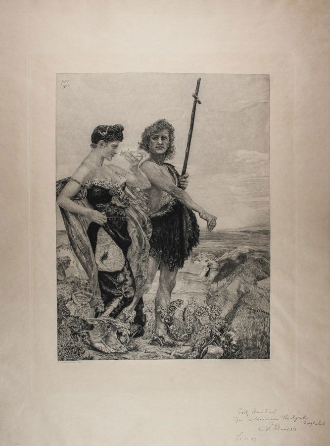 Max Klinger: Max Klinger. Versuchung (Tentazione). 1890-93. Bulino. mm 455x356. Foglio: mm 610x540.Singer, 238. Dal ciclo Vom Tode II (Della morte parte seconda). Quinto stato su 6 corrispondente alla prima edizi