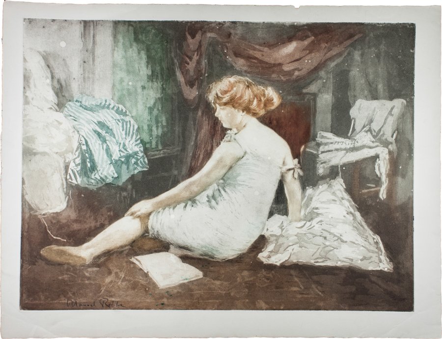 Manuel Robbe: Manuel Robbe. Figura femminile seduta accanto a un libro. Acquatinta a colori. mm 360x480. Foglio: mm 420x550. Firmata a matita in basso a sinistra nell’inciso.