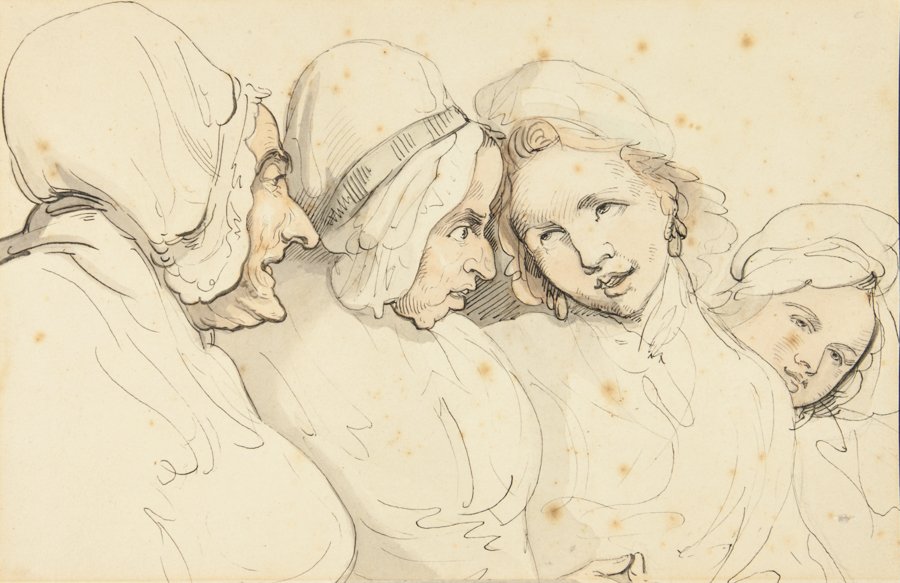 Thomas Rowlandson: Thomas Rowlandson. Due vecchie e due ragazze. Acquarello. mm 168x258.