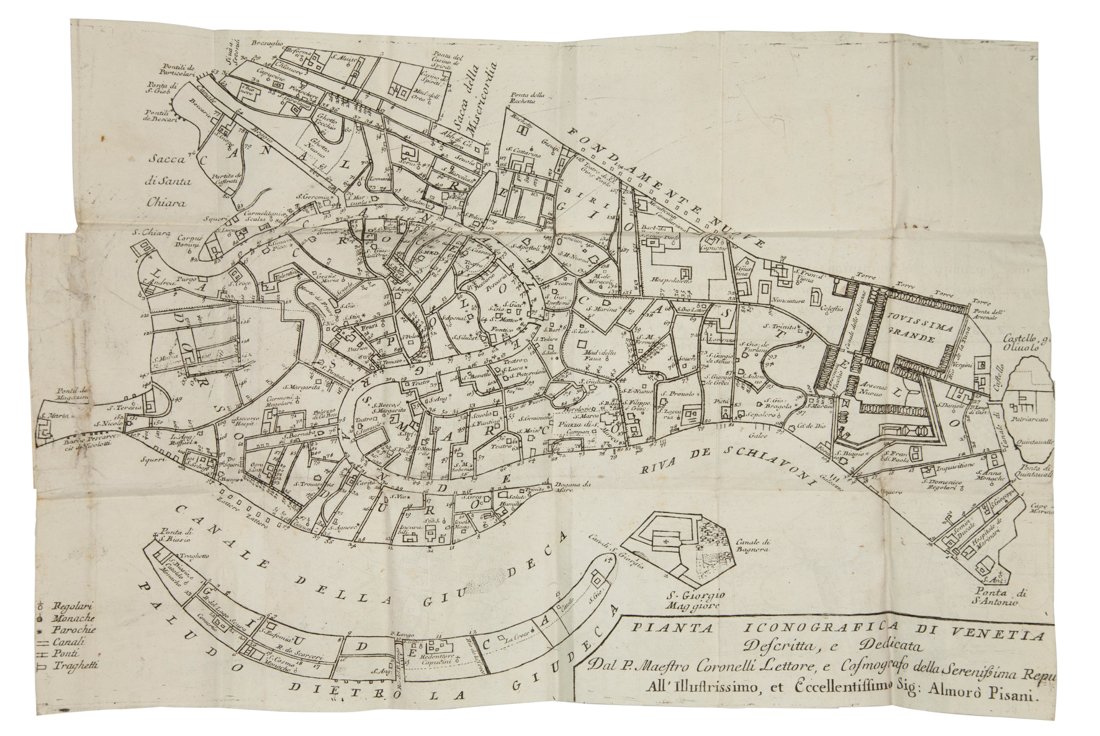 Coronelli Vincenzo Maria: Coronelli Vincenzo Maria, Guida de' forestieri unita al proto-giornale perpetuo per la città di Venezia... In Venezia: presso l'Orlandi libraro in merzeria, 1715. In-24° (mm 110x80). Pagine 