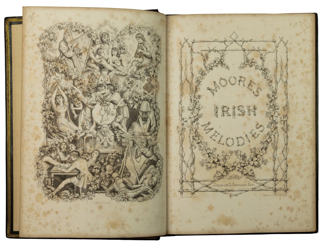 Moore Thomas: Moore Thomas, Irish Melodies. Illustrated by D. Maclise. London: Longman, Brown, Green and Longmans, 1846. In-4° (mm 260x180). Pagine [4], IV, 280. Con 1 antiporta, un frontespizio illustrato, gra
