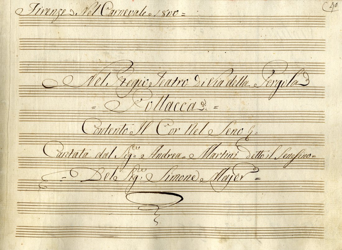 Mayr Simone: Mayr Simone, Firenze nel Carnevale 1800 / Nel Regio Teatro di Via della Pergola / Pollacca / Contento il Cor nel Seno / Cantata dal sig. Andrea Martini detto il Senesino. Manoscritto musicale. Partitu