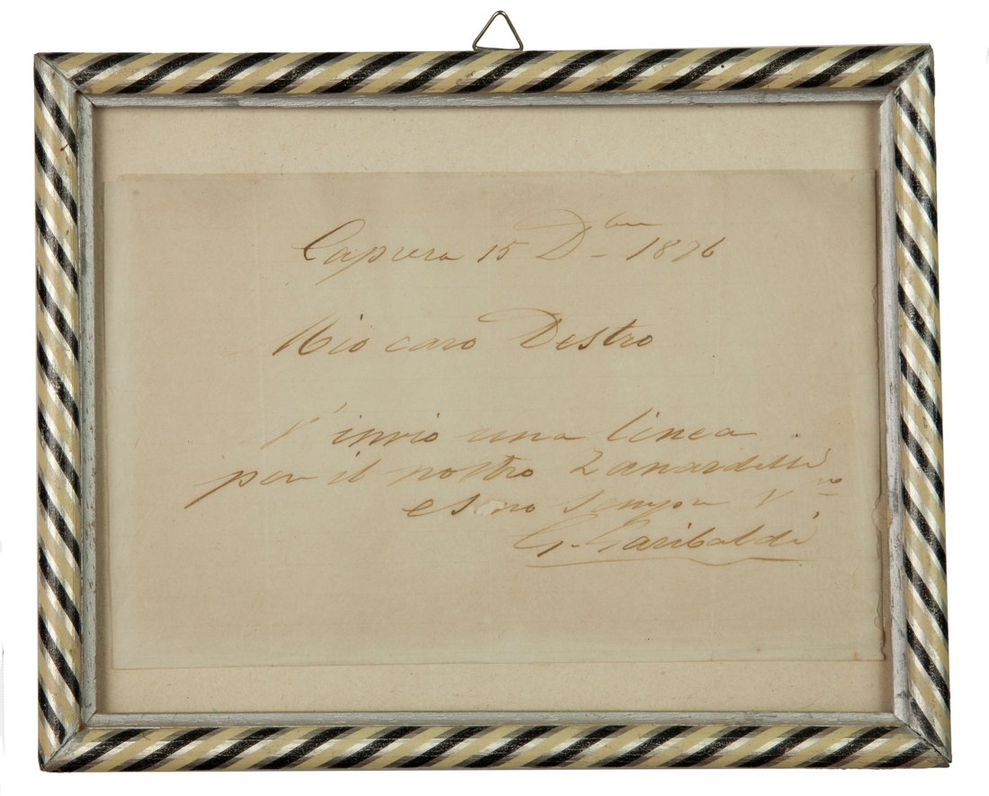 Garibaldi Giuseppe: Garibaldi Giuseppe, Biglietto autografo firmato inviato a Destro. Caprera, 15 dicembre 1876. Manoscritto a inchiostro seppia. Una piccola mancanza della carta. In cornice. Dimensioni: 135x210 mm.