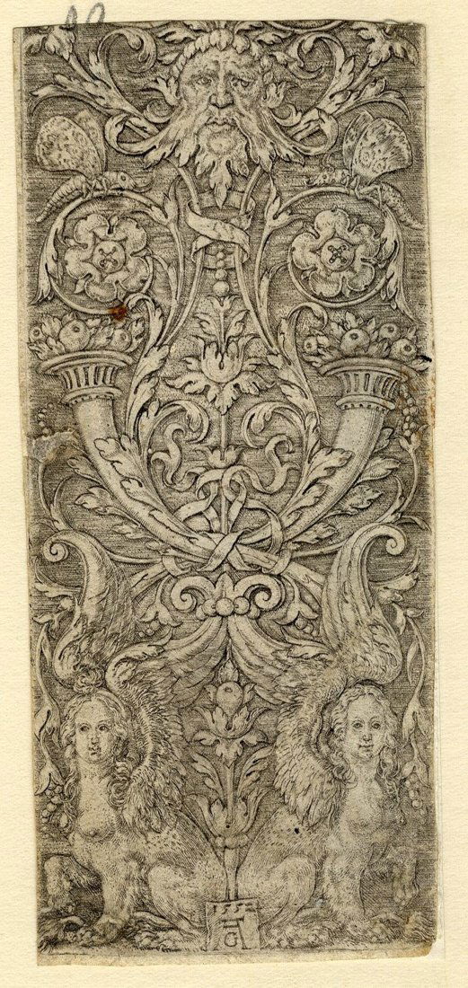 Heinrich Aldegrever: Heinrich Aldegrever, Fregio ornamentale con mascherone, due cornucopie e sfingi. 1552 Bulino. mm 118x52. Monogrammato e datato “1552” nel cartiglio in basso al centro. SI AGGIUNGE: Sadeler