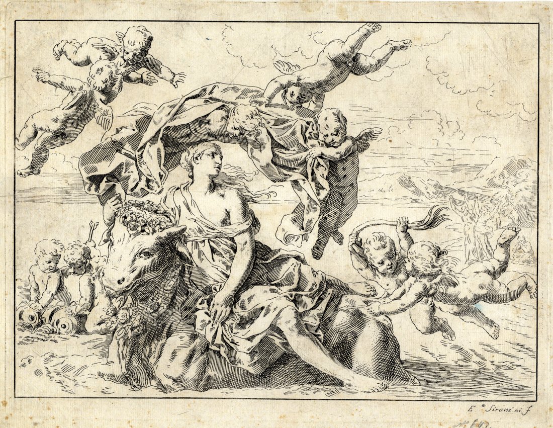 Simone Cantarini [da]: Simone Cantarini [da], Ratto di Europa. Post 1636. Acquaforte. mm 250x325. Foglio: mm 260x337. Bellini (Cantarini), 6A. In basso a destra la scritta “Ea Sirani.ni.F”. L'incisione in esame