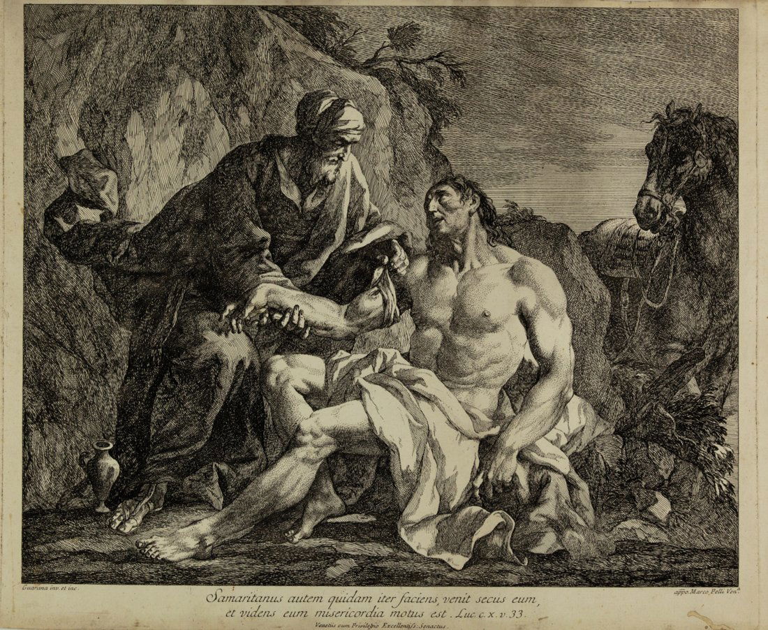 Jacopo Guarana: Jacopo Guarana, Il buon samaritano. Acquaforte e bulino. 345x405. Foglio: mm 345x424. De Vesme, 1. SI AGGIUNGE: Francesco Bartolozzi (Firenze 1728-Lisbona 1815), Frumentum electorum, et vinum germinan