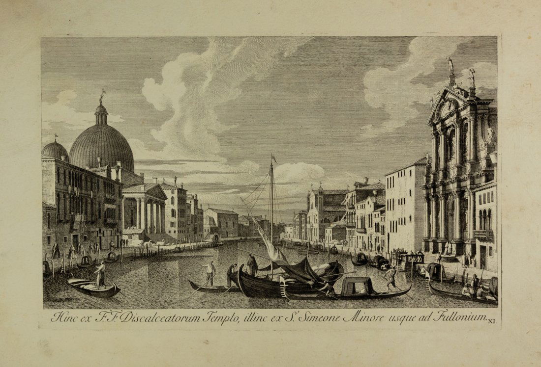 Antonio Visentini: Antonio Visentini, Hinc ex F. F. Discalceatorum Templo, illinc ex S. Simeone Minore usque ad Fullonium. Acquaforte. mm 275x 430. Foglio: mm 375x545. Succi, 560/571. Tavola da Le vedute di Venezia, rac
