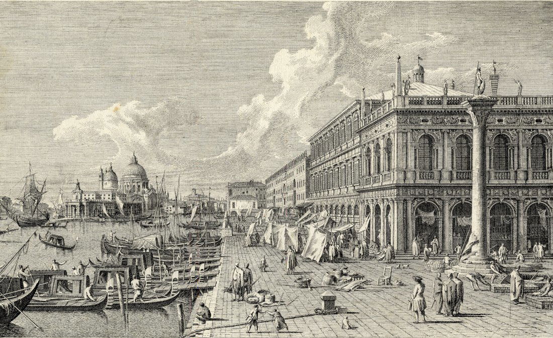 Antonio Visentini: Antonio Visentini, Prospectus a Columna S. Theodori ad ingressum Magni Canalis. 1754 Acquaforte. mm 270x 425. Foglio: 375x545. Succi, 560-571. Tavola da Urbis Venetiarum prospectus celebriores ex Anto