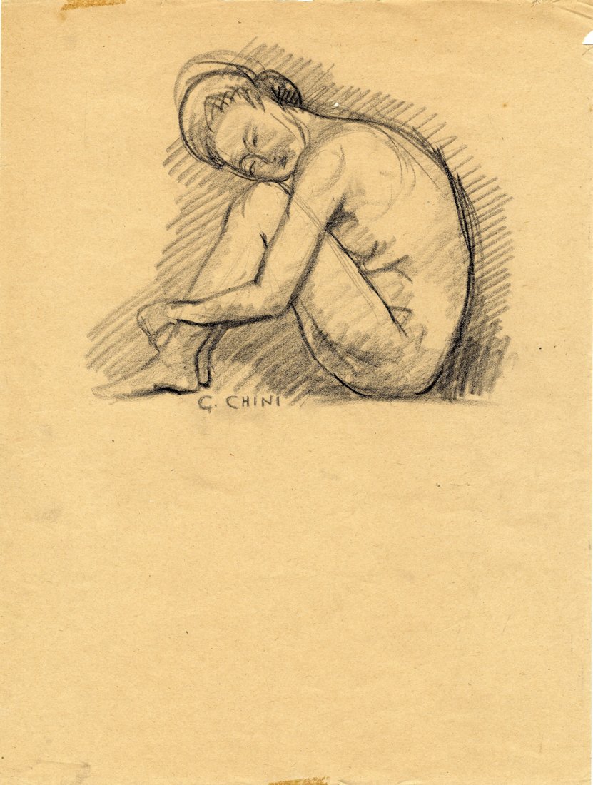 Galileo Chini: Galileo Chini, Nudo di donna orientale seduta. 1911-13 ca. Matita nera su carta avana. mm 365x275. Firmato a matita in basso: “G. Chini”. Databile probabilmente agli anni del periodo Siame