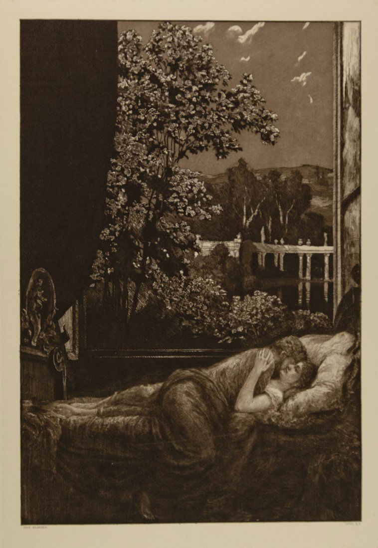 Max Klinger: Max Klinger, Glück (Felicità). 1887 Acquaforte, bulino e acquatinta. mm 455x320. Foglio: mm 632x456. SINGER 161, stato finale IX/IX con incisi in basso il nome dell’artista e il numero della t