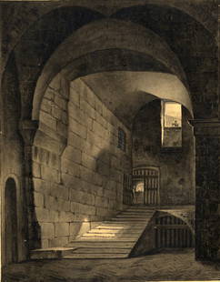 Adeodato Malatesta: Adeodato Malatesta, Scenografia con interno di carcere. 1836 Inchiostro bruno acquerellato. mm 280x 207. Firmato e datato in basso a destra.