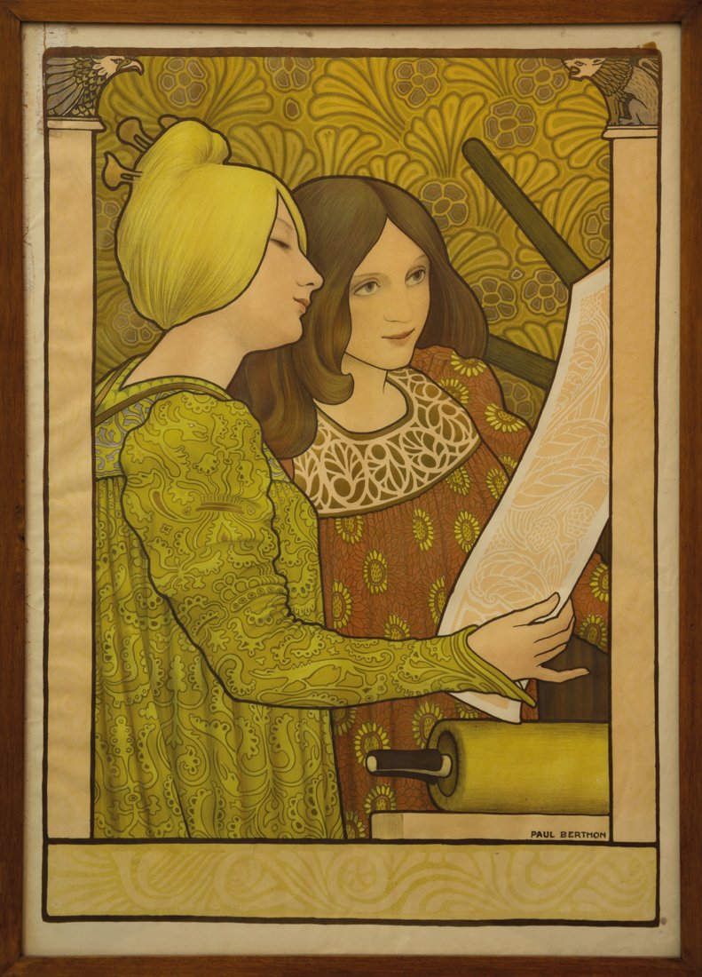 Paul Emile Berthon: Paul Emile Berthon, Two girls with a printing press. Salon des Arts Libéraux Poster. 1900 ca. Litografia a colori. mm 630x440. Firmata nella lastra. Manifesto disegnato da Berthon per il Salon des Ar