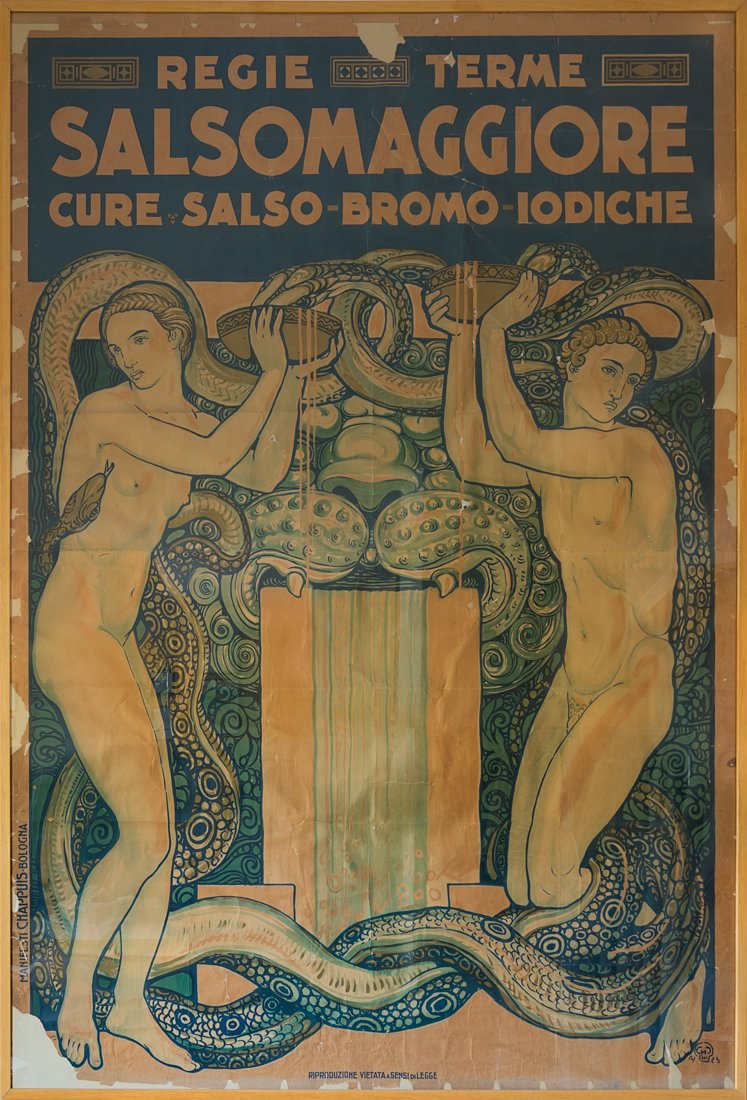 Galileo Chini: Galileo Chini, Regie Terme Salsomaggiore. 1923 Manifesto litografico a colori. mm 2000x1430. Firmato e datato in basso a destra. Nel 1920-1923 Chini a Salsomaggiore Terme completò la famosa dec
