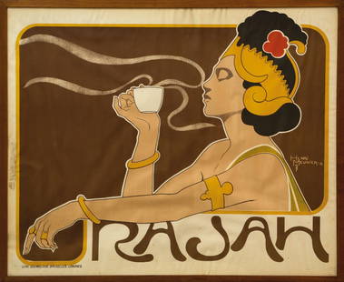 Henri Meunier: Henri Meunier, Cafe Rajah. 1987 mm 610x740. Uno dei manifesti art nouveau più belli e famosi dell’artista belga. In cornice.