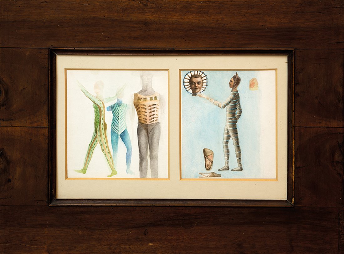 Massimo Scolari (1943 ): Massimo Scolari (1943 ), Costumi per l'opera 'Generazioni del cielo'. 1987. Tre disegni colorati in 2 cornici. Dimensioni mm 195x185 e mm 197x170. Non firmati. Massimo Scolari nato nel 1943, insegnant