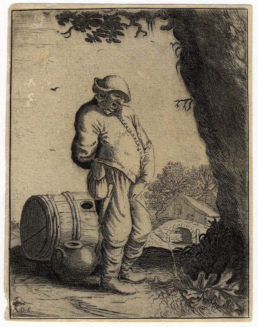Willem Basse: Willem Basse. Contadino che orina. Da Adriaen Van Ostade. 1660 ca. Bulino. mm 144x113. Hollstein, 33. Siglata “A.O.S” nell’immagine all’angolo inferiore sinistro. L'incisione,