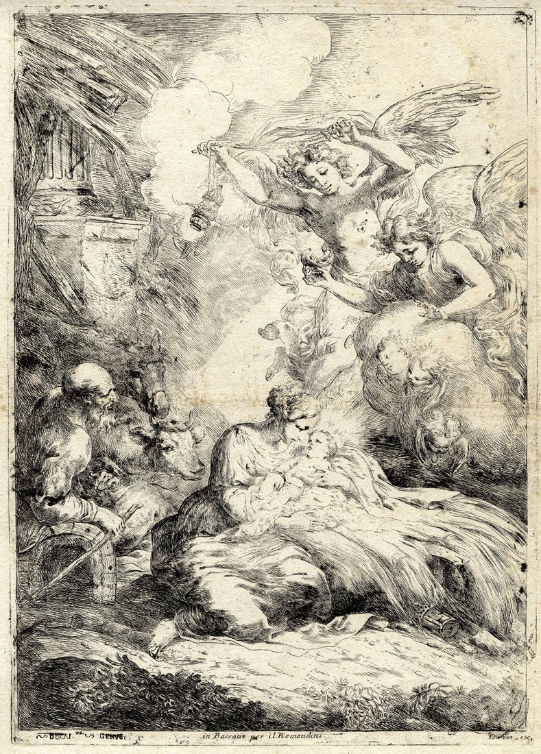 Bartolomeo Biscaino: Bartolomeo Biscaino. Nativit con angeli. Acquaforte. mm 392x282. Foglio: mm 480x303. Le blanc, 7. Bartsch, 7. TIB (commentary), 007. In basso nel margine bianco da sinistra a destra “biscai. Vs.