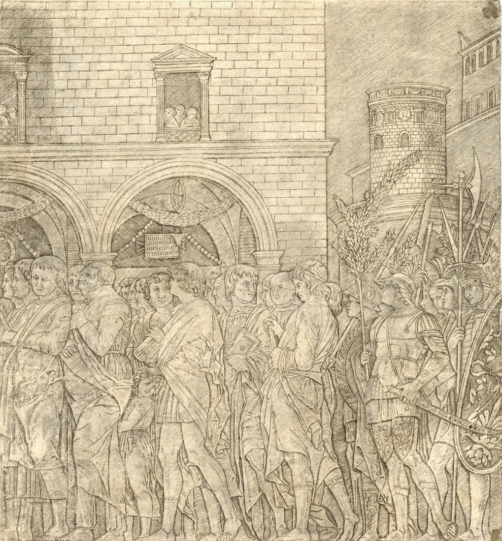 Giovanni Antonio da Brescia: Giovanni Antonio da Brescia. I senatori. 1500 ca. Bulino. mm 285x267. Bartsch, XIII, p. 321, n. 7 e p. 235, n. 11. Hind, 1948, V, 25-16a. Martineau, 127. Copia in controparte dal Primo incis