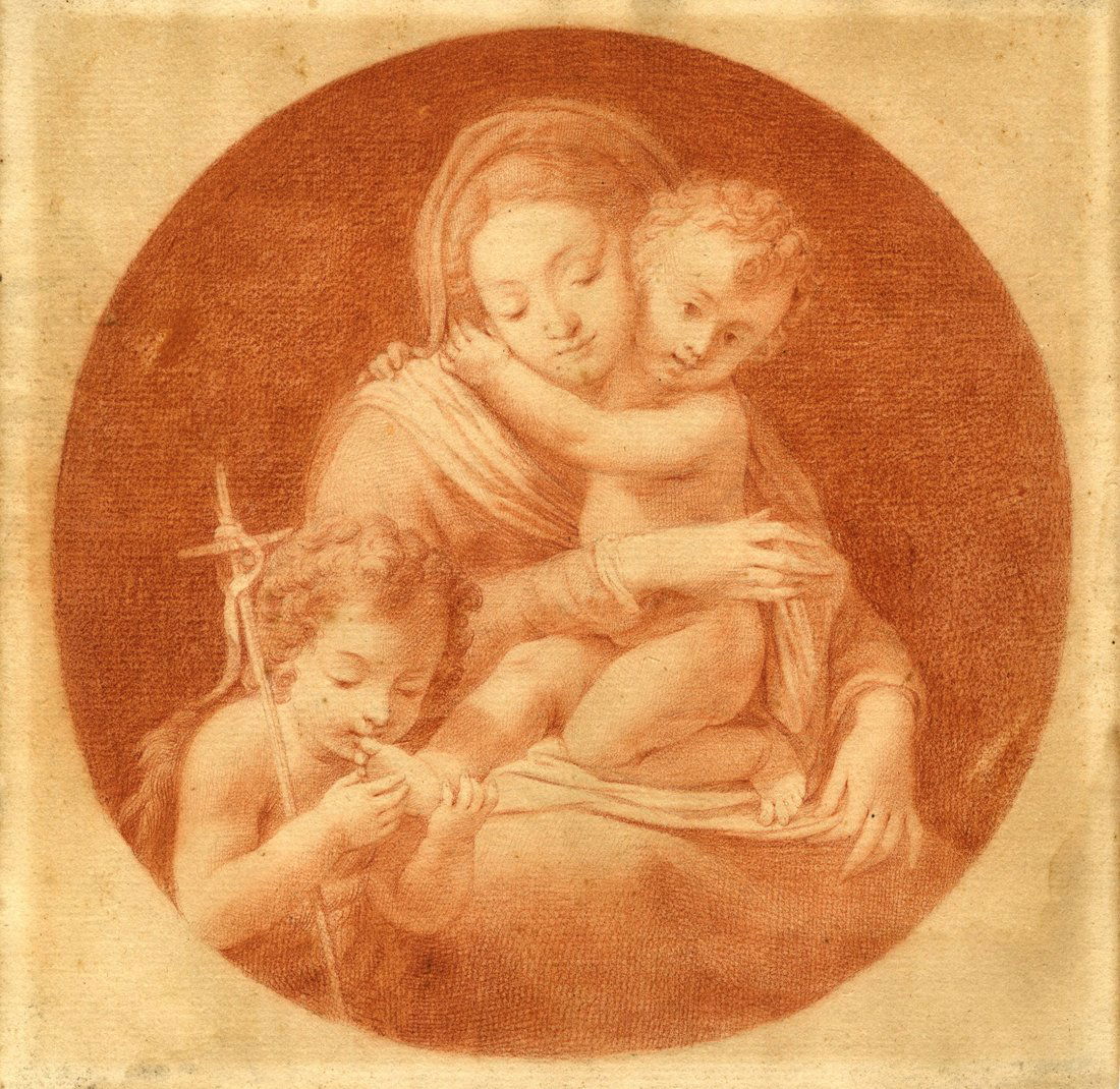 Anonimo emiliano del XVIII secolo: Anonimo emiliano del XVIII secolo. La Madonna col Bambino e San Giovannino (da Annibale Carracci?). Matita rossa, su carta vergata bianca. Foglio: mm 210x213.
