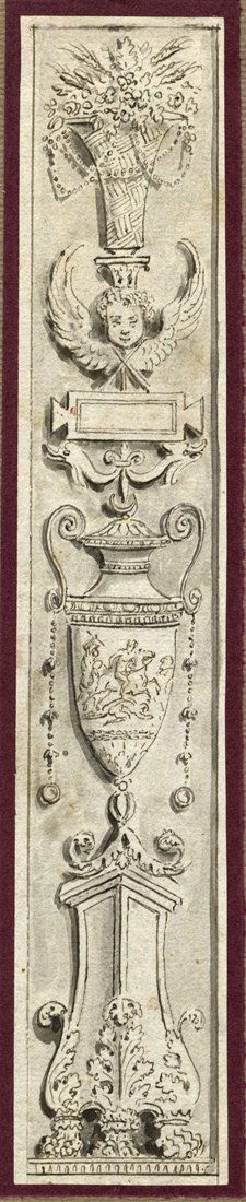 Cherubino Alberti: Cherubino Alberti [attribuito a]. Studi di fregi a grottesca con candelabra e vasi. XVII secolo. Penna e inchiostro acquerellato, carta bianca vergata. Foglio: mm 230x42. SI AGGIUNGE: Anonimo romano d