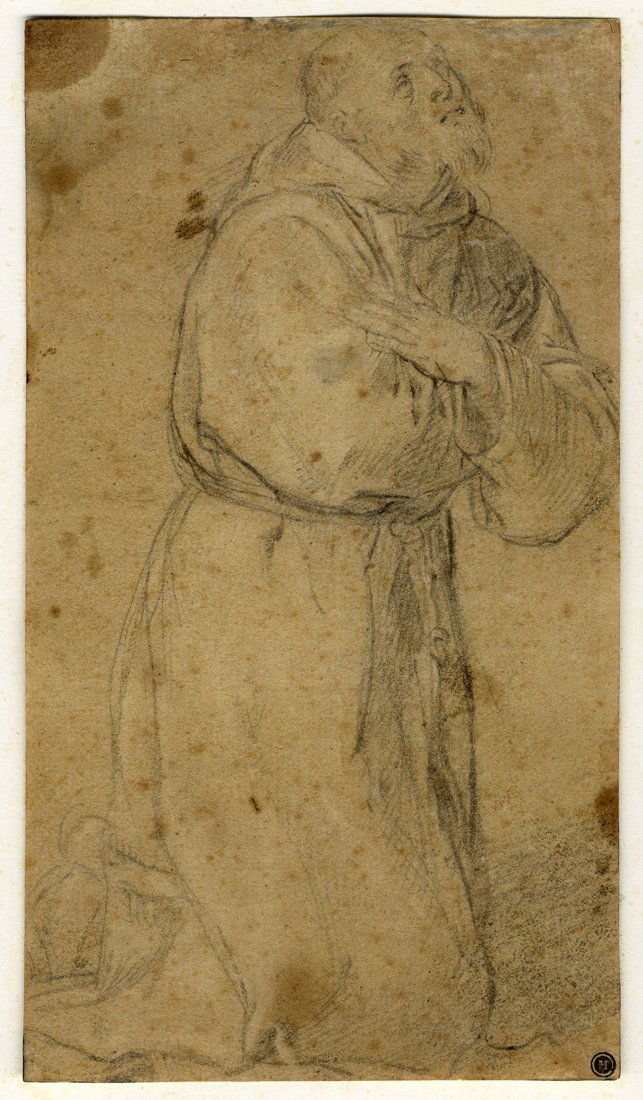 Annibale Carracci: Annibale Carracci [cerchia di]. San Francesco in preghiera. XVI secolo. Matita nera su carta vergata bianca. Foglio: mm 211x102. Il foglio reca in basso a destra il timbro a stampa inchiostro nero ide