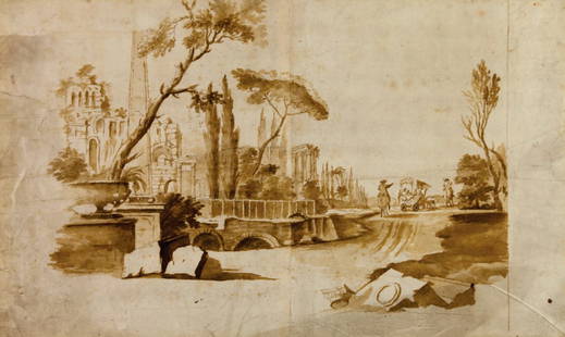 Marco Ricci: Marco Ricci. Capriccio con gita sul carro ovvero: Quanto la liberta piace de' campi. Penna e inchiostro acquerellato, carta vergata bianca; Foglio: mm 362x554. Si tratta di uno studio di Marco Ricci,