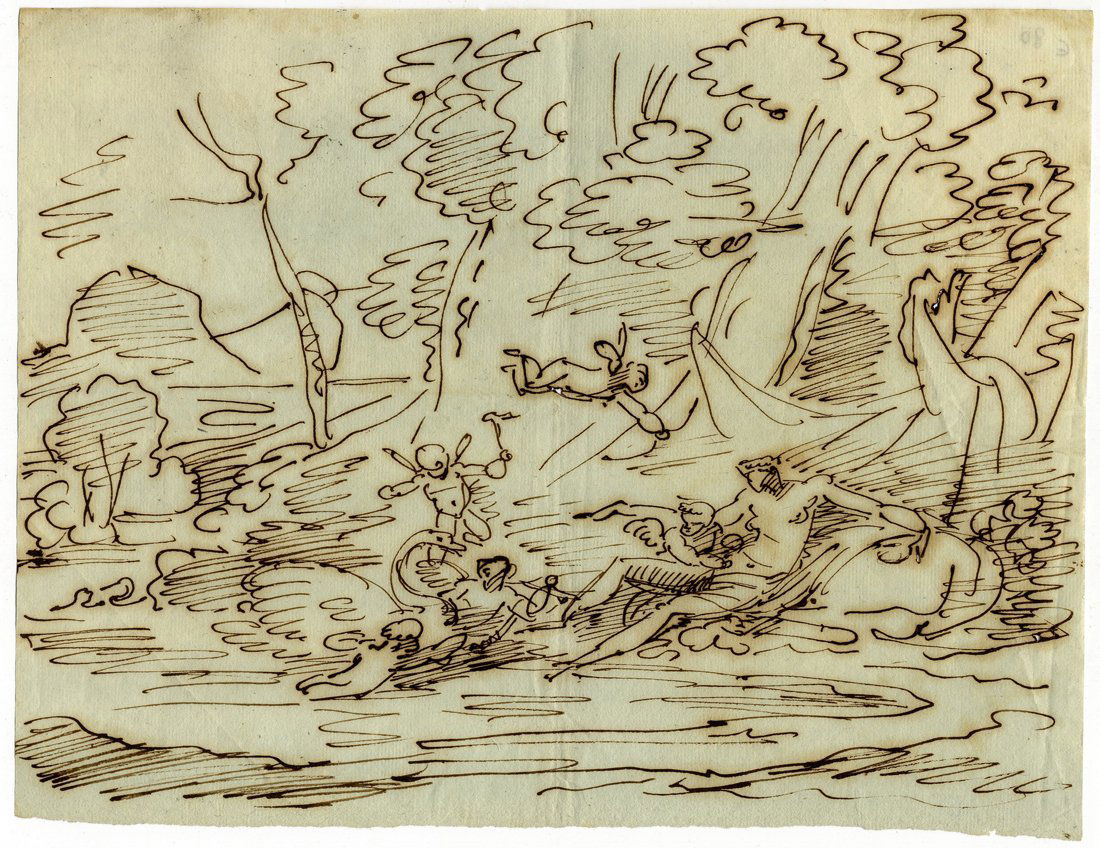 Felice Giani: Felice Giani [cerchia di]. Paesaggio con Leda e il cigno. Penna e inchiostro di china su carta azzurrina vergellata. mm 185x240.