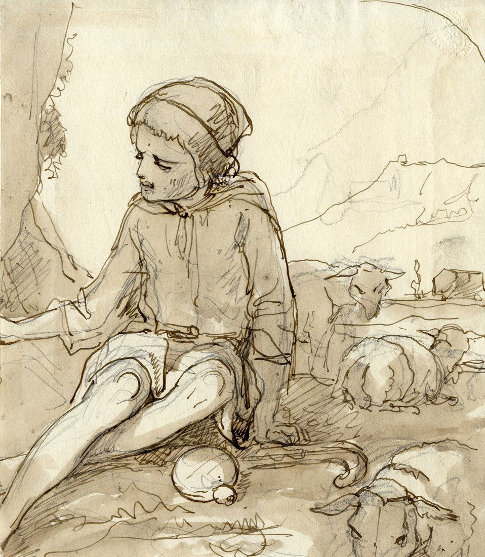 Giuseppe Moricci: Giuseppe Moricci. Fanciulla in una alcova. Pastorello. 1) matita di grafite, penna e inchiostro di china. mm 215x130. 2) Matita, penna e inchiostro bistro acquarellato. mm 205x175. Entrambi recano tim