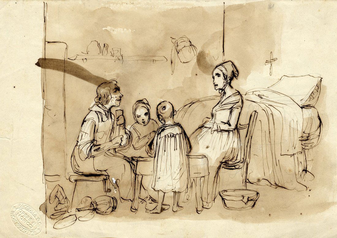 Giuseppe Moricci: Giuseppe Moricci. Famiglia in un interno. Famiglia in un interno di notte. N. 2 disegni a penna e inchiostro di china mm 145x210; 145x193. Il secondo disegnato anche al verso: “Frate che visita