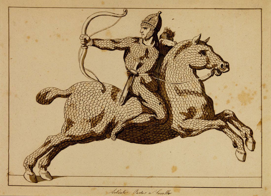 Bartolomeo Pinelli: Bartolomeo Pinelli [attribuito a]. Soldato Parto a cavallo. Penna e inchiostro bruno. mm 245x335. Titolato in basso a penna. Disegno che compare inciso identico in una tavola di Raccolta di cento cost