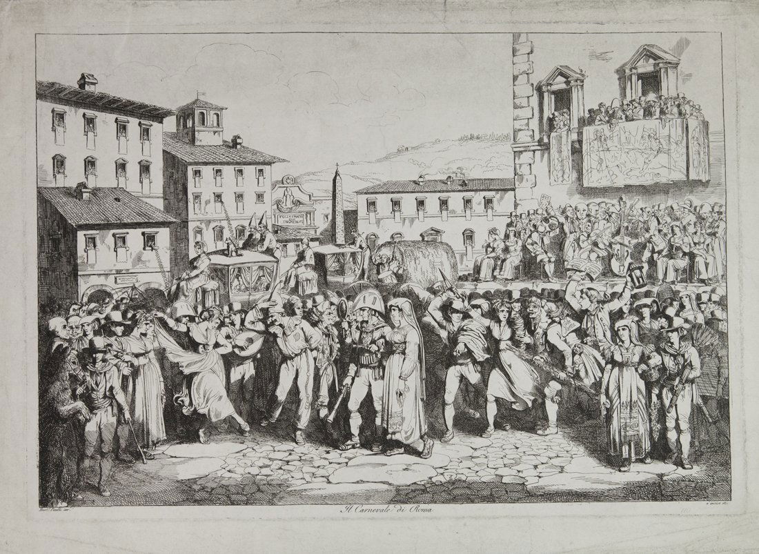 Bartolomeo Pinelli: Bartolomeo Pinelli. Il carnevale di Roma. 1811 Acquaforte. mm 305x445. Foglio: mm 355x520. Titolo in basso al centro. Ai lati: “Pinelli inv. - e incise 1811”. SI AGGIUNGE: Id., La compagni