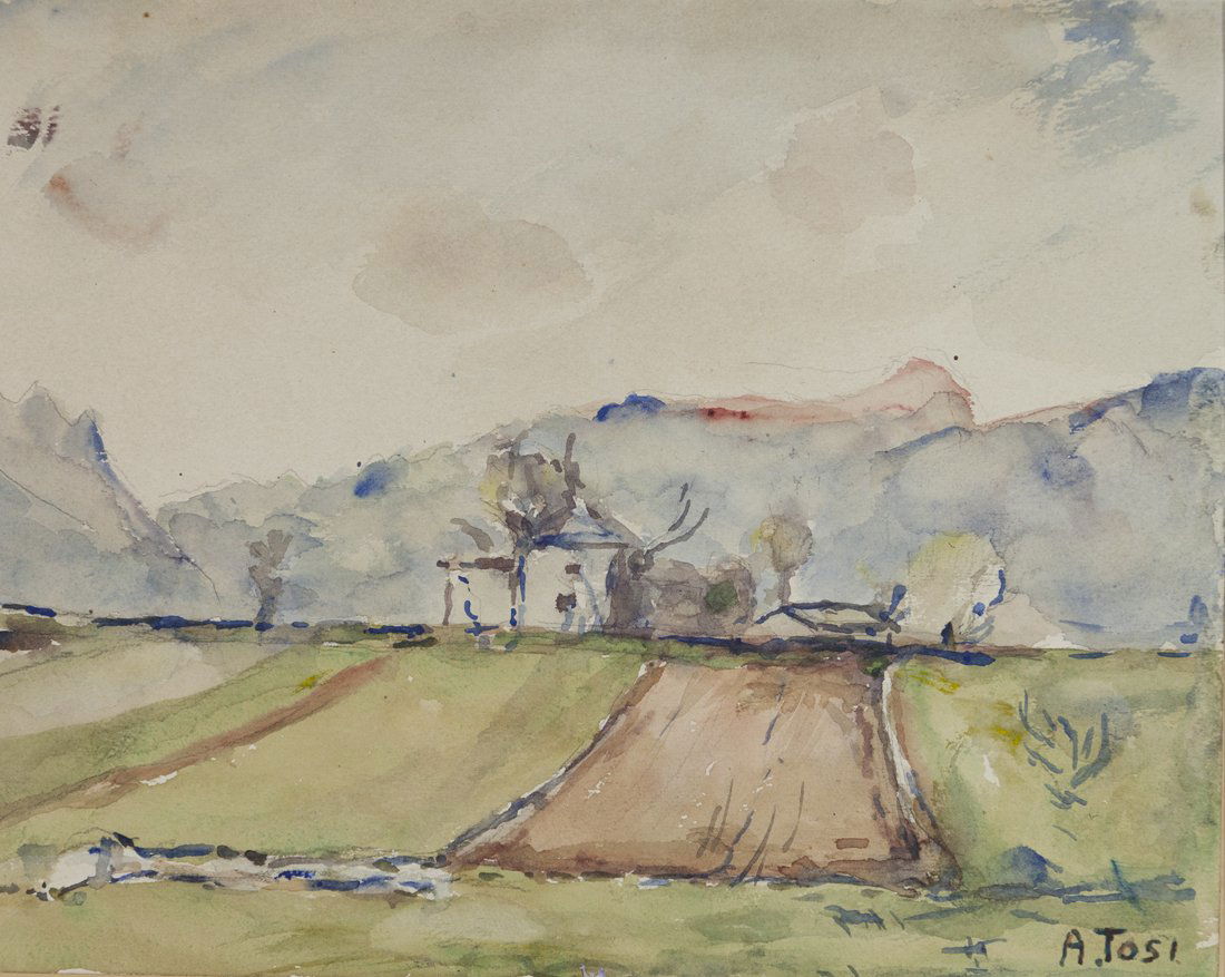 Arturo Tosi: Arturo Tosi. Paesaggio. 1952 Acquarello. mm 272x335. Firmato in basso a destra. Dedicato e datato sul passe-partout “Natale 1952”.