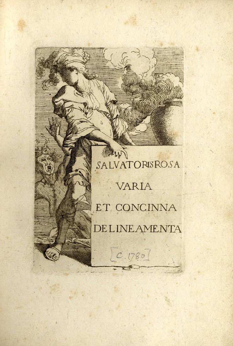 Salvatoris Rosa Varia et concinna delineamenta: Carlo Antonini (1740 - 1821), Salvatoris Rosa/ Varia/ et concinna/ delineamenta. 1780 ca. In-8° (mm 235x160). Frontespizio + 61 tavole dalle Figurine + 6 tavole dai Tritoni, 2 su foglio singolo, e