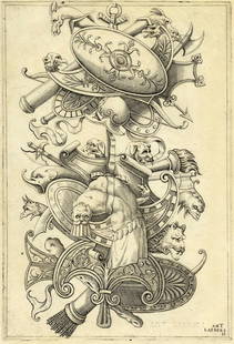 Vico, Grotteschi con trofei di guerra: Enea Vico (1523 - 1567), Grotteschi con trofei di guerra. 1550-1553. Bulino. mm 240x170. Bartsch, 434-449. Serie completa ed omogenea nell’unico stato numerata da 1 a 16 nell’inciso in bas