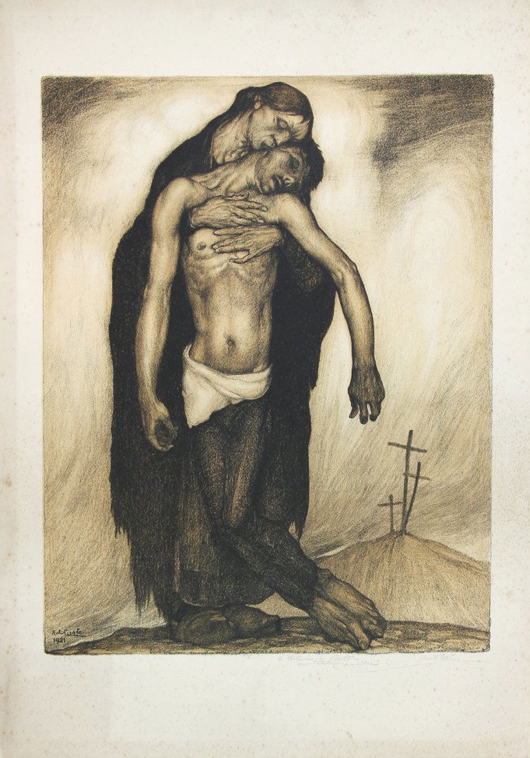Carte (detto Anto Carte), Pietà: Antoine Carte (detto Anto Carte) (1886 - 1954), Pietà. 1921 Litografia in bistro. mm 500x386. Foglio: mm 665x470. Firmata e datata nella lastra in basso a sinistra. In basso a matita tiratura, dedica