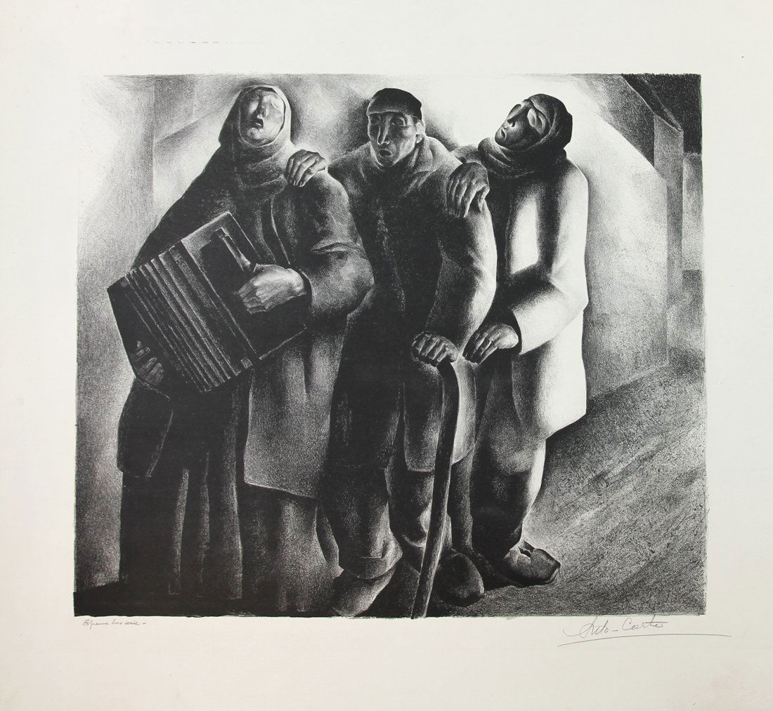 Carte (detto Anto Carte), Les musiciens aveugles: Antoine Carte (detto Anto Carte) (1886 - 1954), Les musiciens aveugles. 1930 Litografia. mm 620x680. Foglio: mm 640x685. Firmata in basso a destra. Esemplare fuori numerazione (Épreuve hors ser