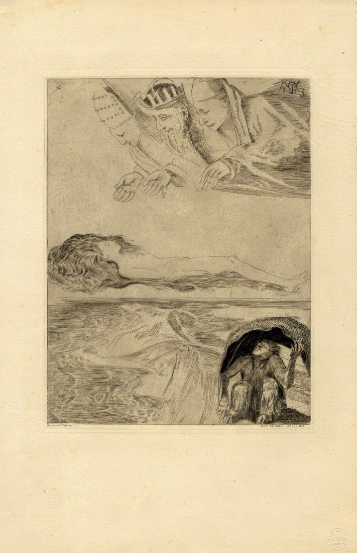 Klinger, Vorspiel: Max Klinger (1857 - 1920), Vorspiel. 1913 Acquaforte. mm 218x168. Foglio: mm 355x245. Siglata e datata nella lastra in alto a destra. Inciso in basso a destra: "Max Klinger Zelt I n° 1".