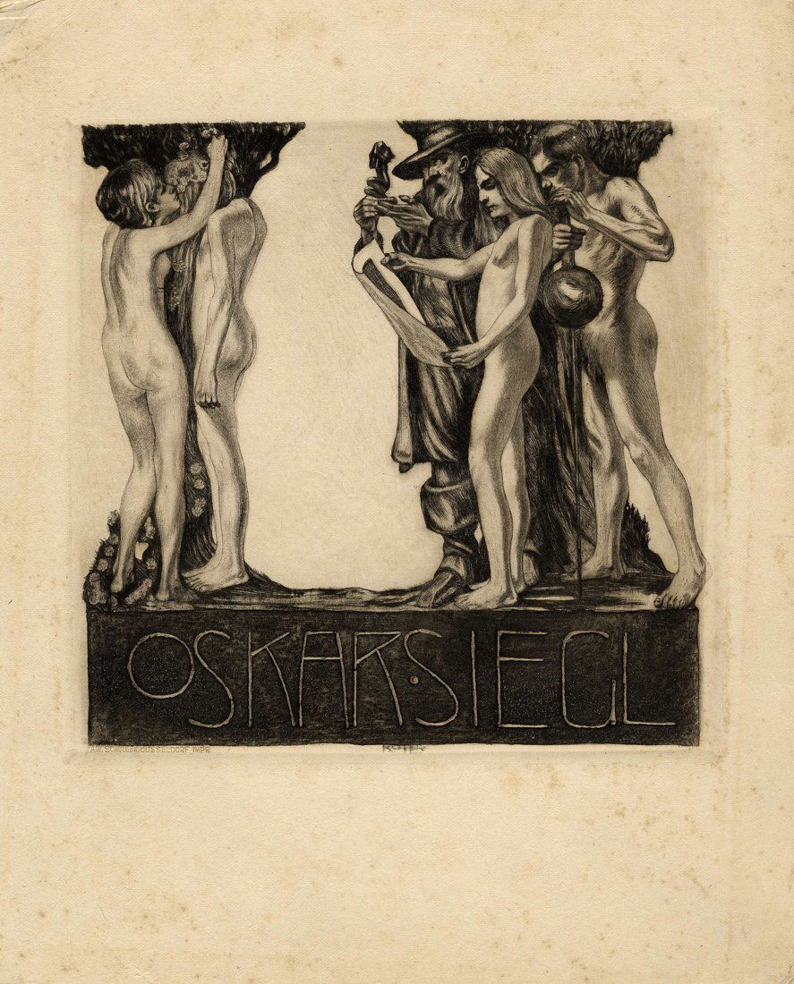 Kolb, Ex libris Oskar Siegel: Alois Kolb (1875 - 1942), Ex libris Oskar Siegel. Acquaforte e acquatinta. mm 170x180. Foglio: mm 275x225. SI AGGIUNGE: Max Klinger, Ex libris D. Bischoff. Fotoincisione. Foglio: mm 165x140. Sergius H