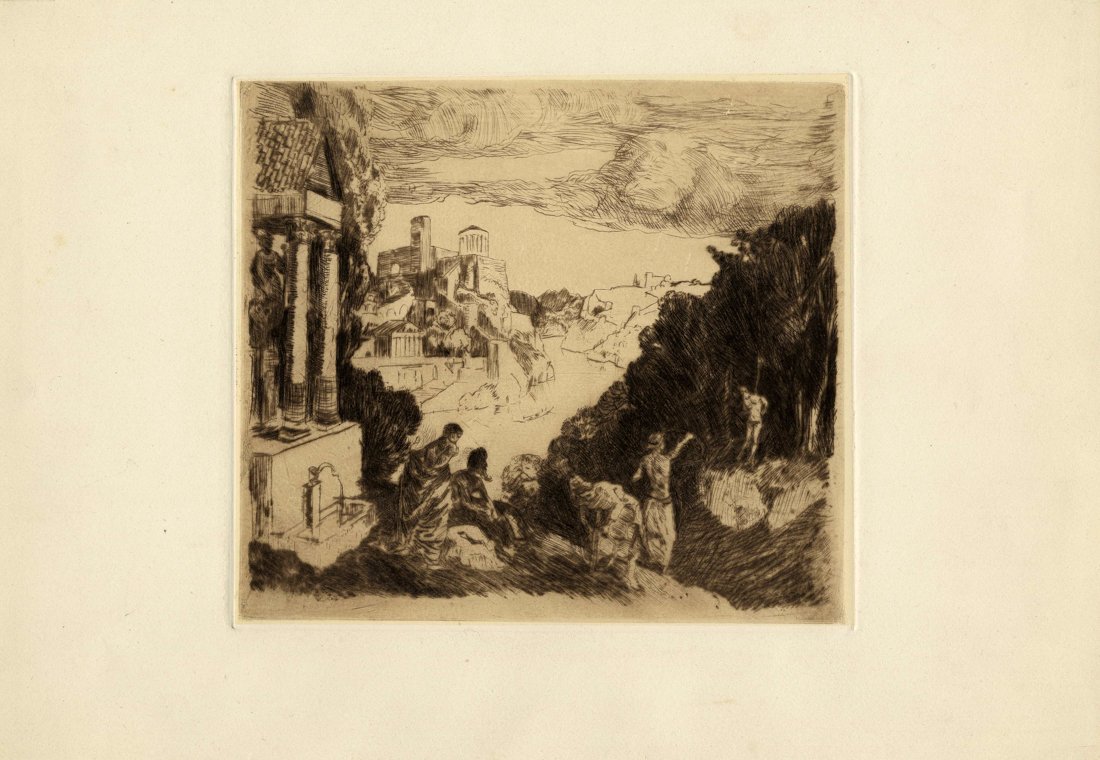 Welti, Sankt Sebastian (zweite Platte): Albert Welti (1862 - 1912), Sankt Sebastian (zweite Platte). 1911 Acquaforte in seppia. mm 175x200. Foglio: mm 250x360. Wartmann, 112bis Ia/II. Raro esemplare di primo stato nella variante "a&quo