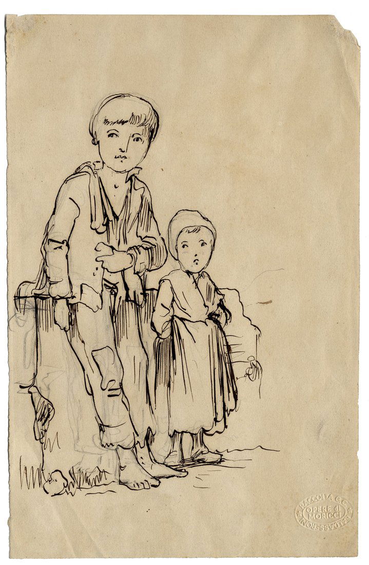 Moricci, Madre col figlio in braccio. Due bambini: Giuseppe Moricci (1806 - 1879), Madre col figlio in braccio. Due bambini. N. 2 disegni a matita, penna e inchiostro di china. 1) mm 200x160. 2) 215x140. Il primo disegnato anche al verso: “Scena