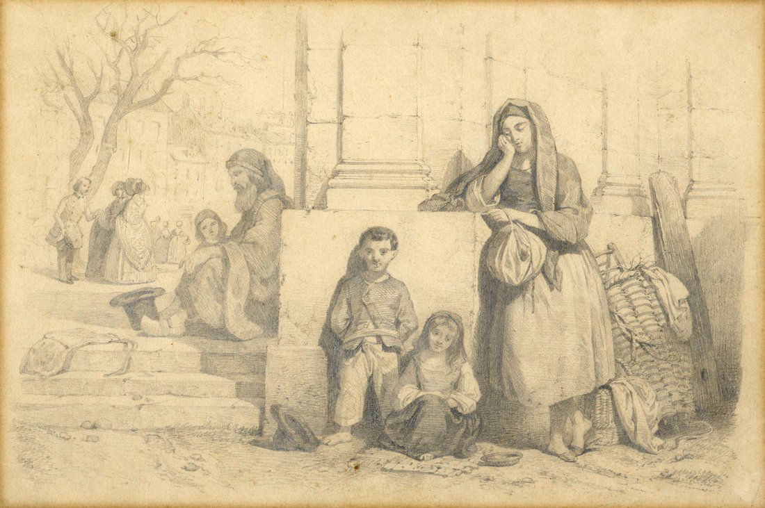 Moricci, Mendicanti: Giuseppe Moricci (1806 - 1879)[attribuito a], Mendicanti. Matita di grafite su carta. mm 180x265. Disegno di finissima esecuzione, avvicinabile alla maniera e a certi soggetti di G. Moricci.