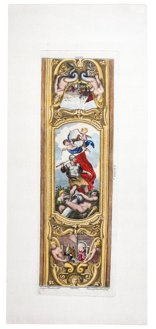 Arezzo.: Francesco Bartolozzi , Arezzo. Acquaforte e bulino con coloritura. mm 400x126. Foglio: mm 522x228. De Vesme/Calabi, 1447. Tavola proveniente dal volume di Domenico Maria Manni Azioni gloriose degli uo