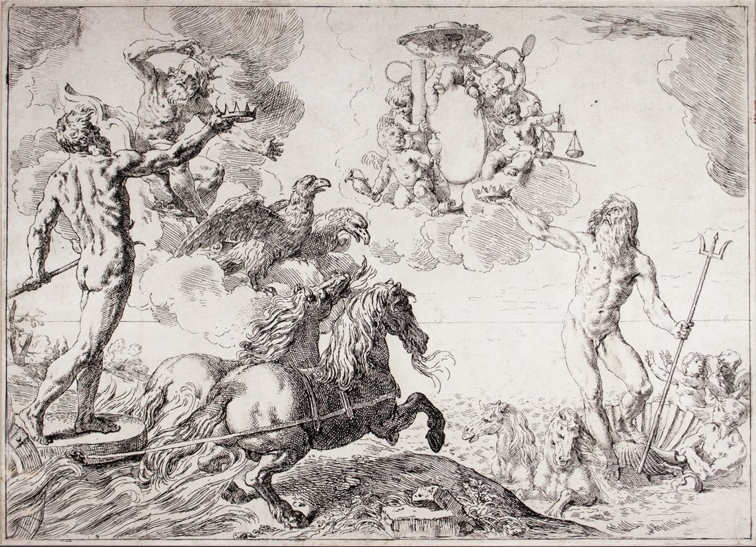 Quos Ego.: Simone Cantarini , Quos Ego. Giove, Nettuno e Plutone rendono omaggio alle armi del cardinal Borghese. 1642 ca. Acquaforte. mm 316x438. Foglio: mm 324x450. TIB,42/19, 29. Bellini (Cantarini), 35. Inci